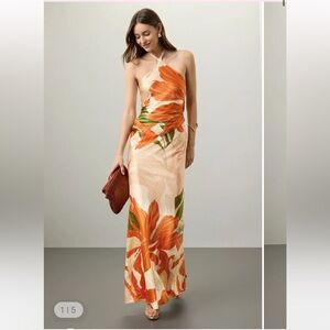 Retrofete Ester Halter Silk Maxi Gown in Orange Leaf Print